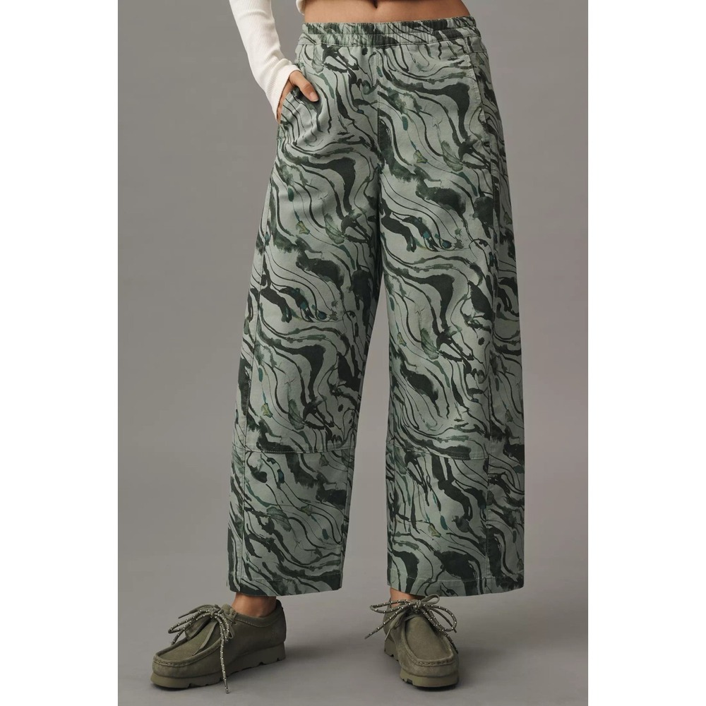 Pilcro Anthropologie Printed Pull On The Izzie Barrel Pants S Green Camo Relaxed